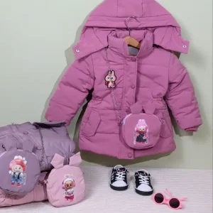 کاپشن دخترانه لبوبو کیف دار (کد 10083) | خرید کاپشن دخترانه مموری داخل خز