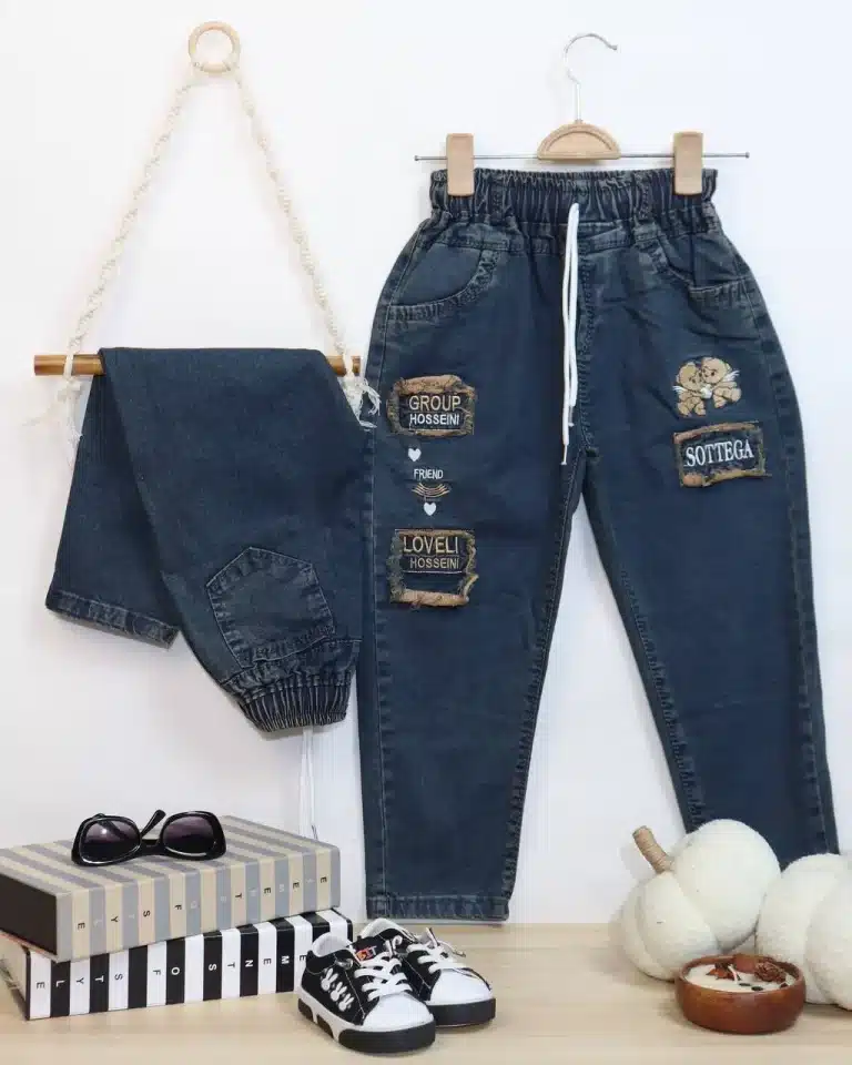 شلوار لی مام اسپرت گلدوزی خرس - مناسب برای کودکان - کد محصول [4566]